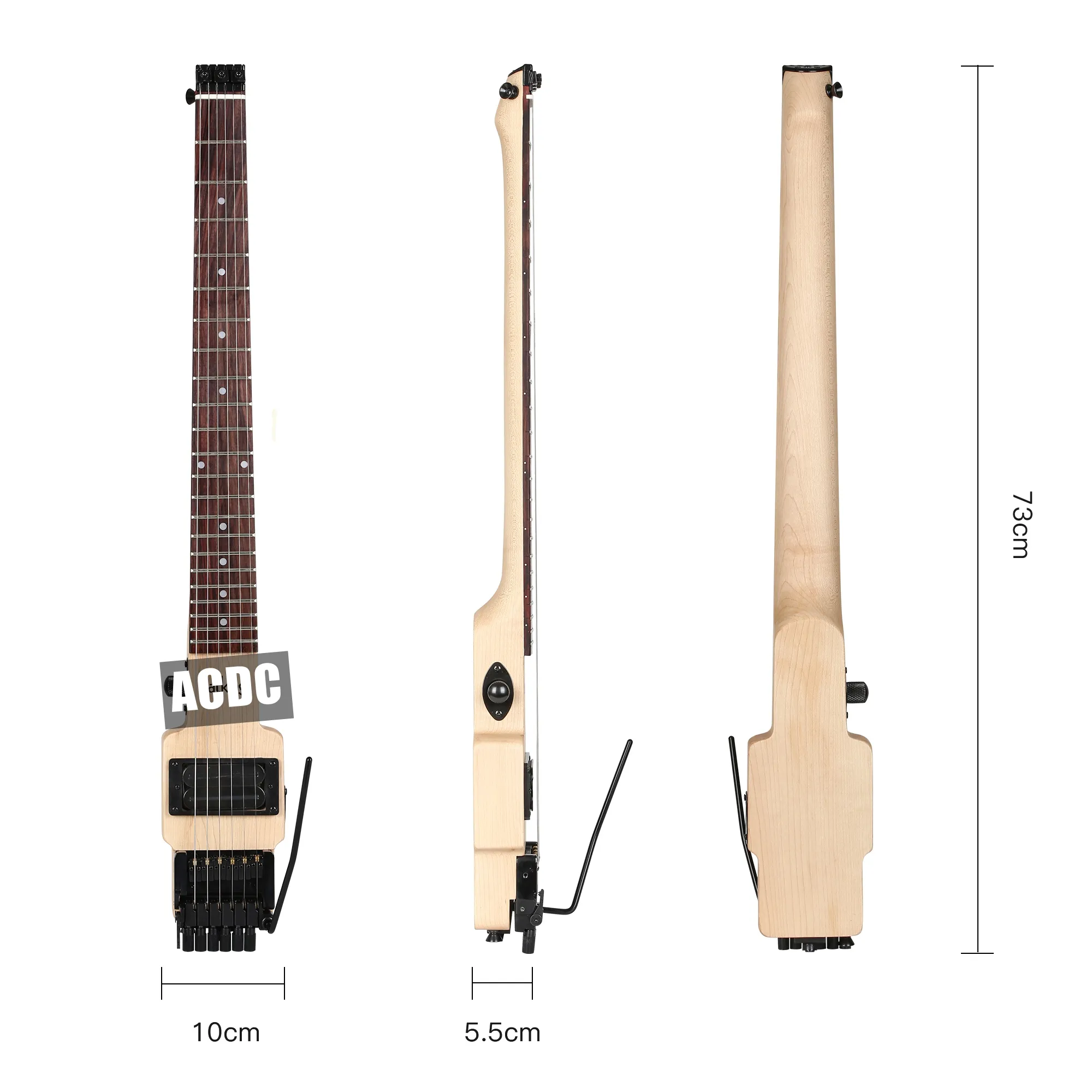 6 Strnigs Travel Headlessl Guitare électrique Une pièce Manche en érable du Canada à travers le corps, Chevalet Tremolo, Matériel noir, Touche en palissandre