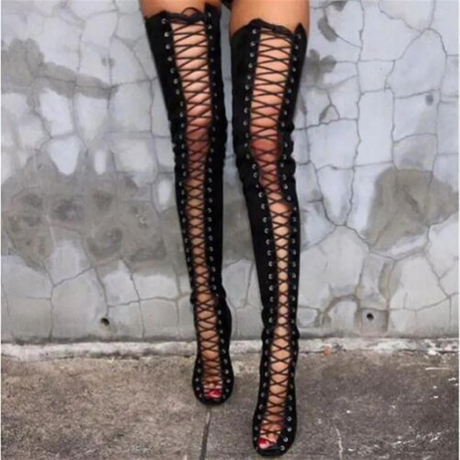 Black tie up clearance thigh high boots