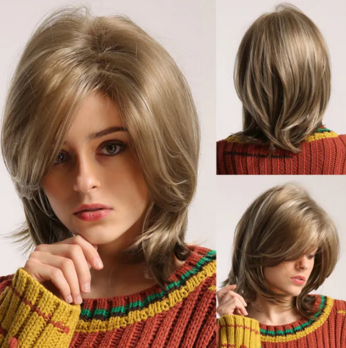 The latest wig women short head cover is fluffy brown gold slanted bangs short straight hair rose net wig head cover with many styles to choose from