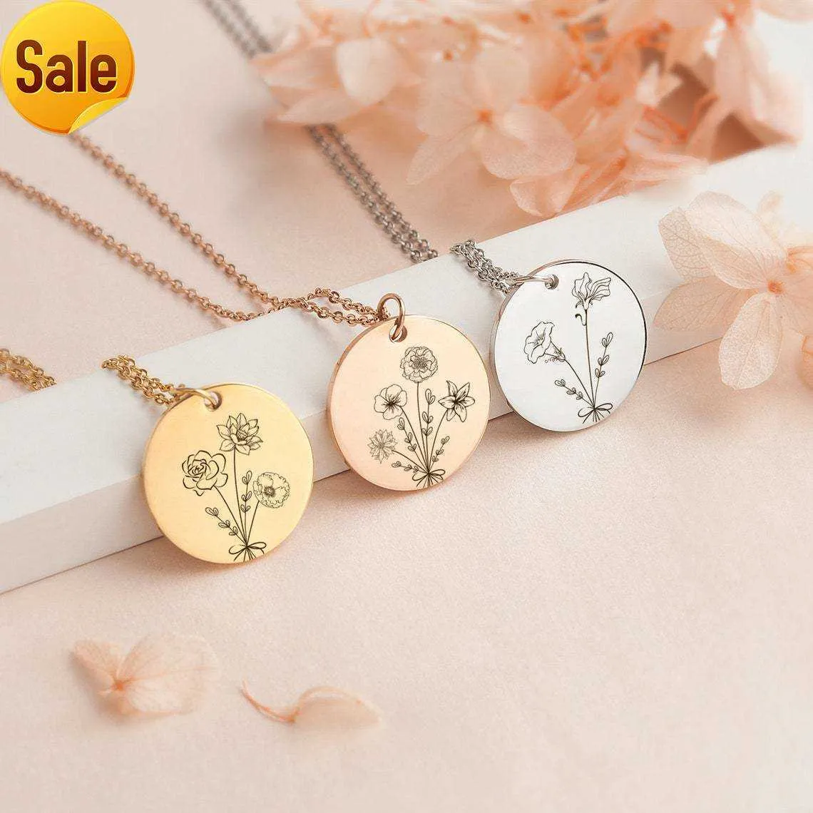 Floral Collection Pendant Necklace Women Jewelry Gift Birth Flowers Necklace