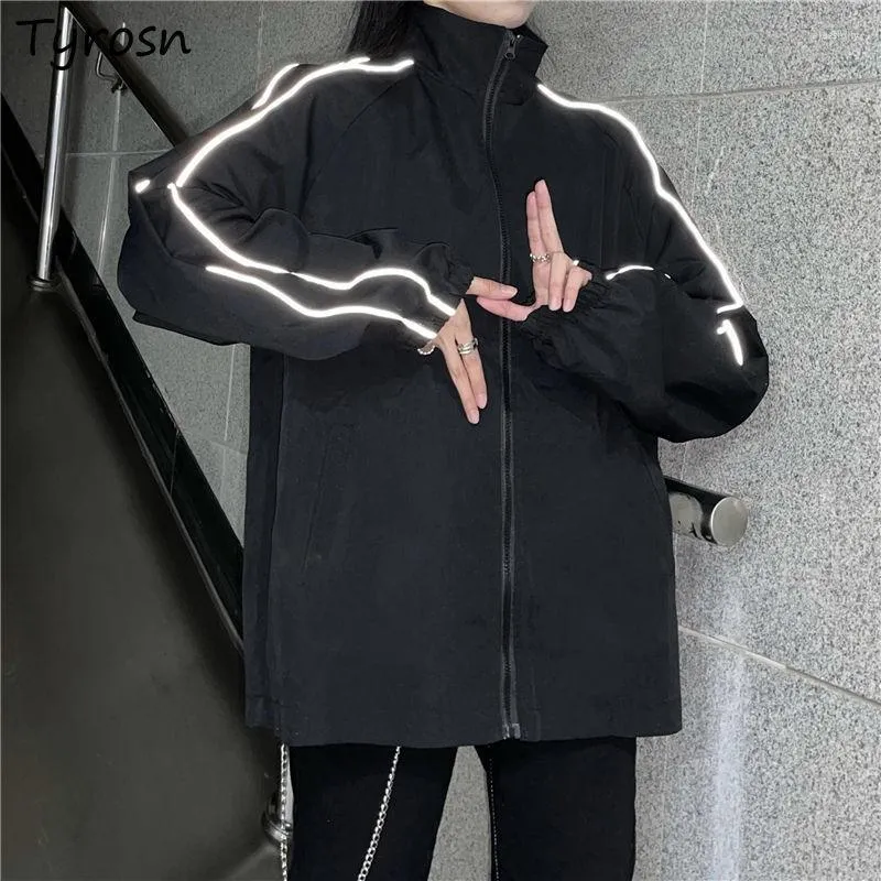 Women's Jackets Basic Women Stand Collar High Street Black Reflective Strip Zip-up Hip-hop Clothing Coats Hipsters Vintage Harajuku Bf