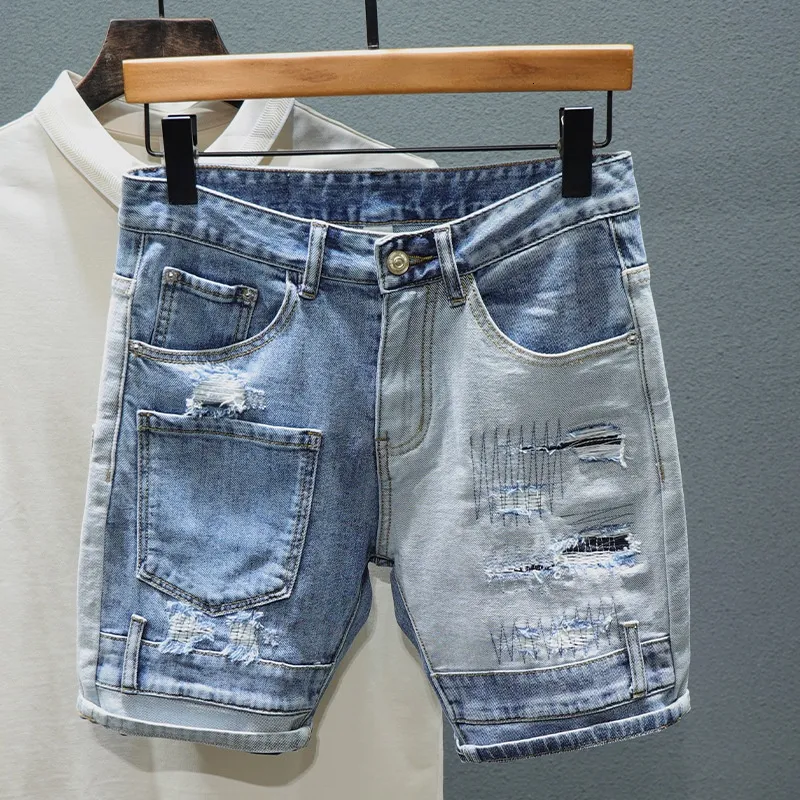 Heren shorts slanke rechte jeans shorts heren persoonlijkheid multi pocket gemengde kleur stiksel patch gescheurd gat denim shorts mannelijke streetwear 230512