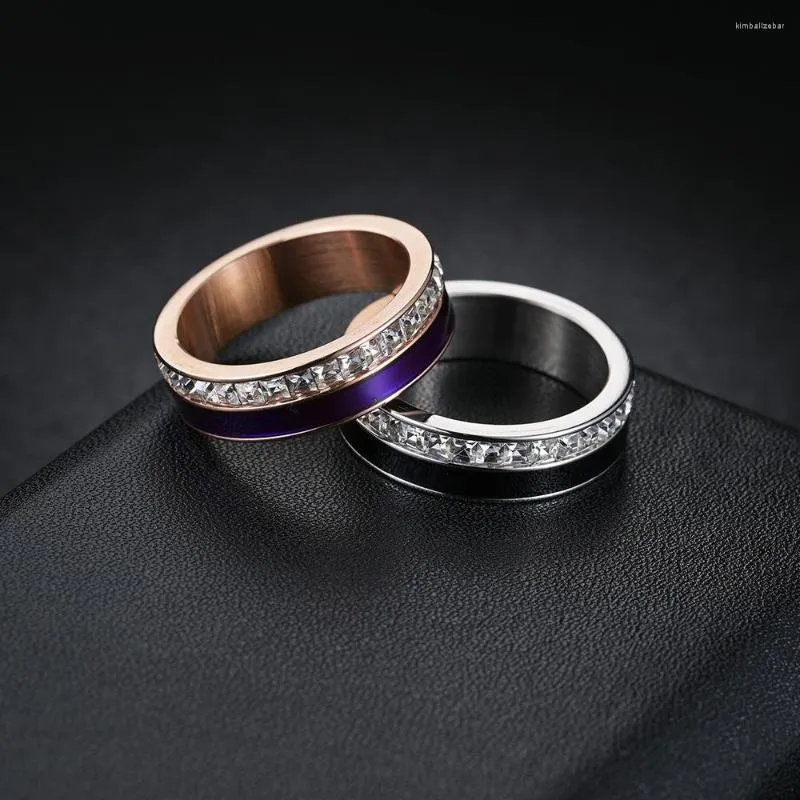 Anéis de casamento Casal de aço inoxidável Casal minimalista de zircão roxo Acessórios de dedo preto preto Jóias de joias de ouro branco KBR146