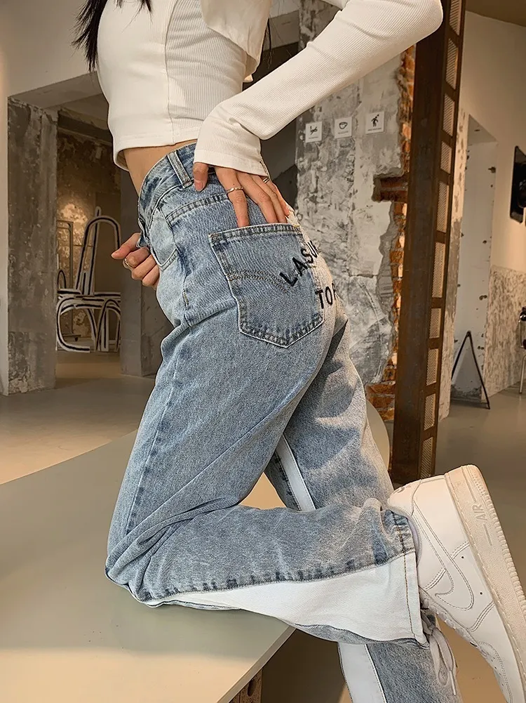 Pantaloni da donna s Retro American Street Letter Jeans casual blu ricamati Moda anni 90 Straight Y2k Abbigliamento jeans a vita alta 230512