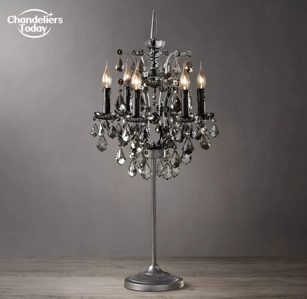 19th C. Rococo Smoke Crystal Table Lamps 현대 빈티지 LED 검은 책상 조명 거실 침실 연구 실내 조명