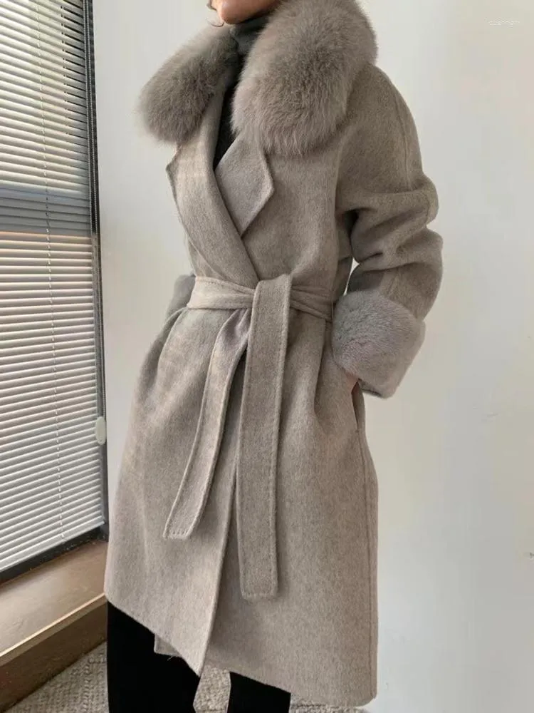 Femmes laine 2023 printemps femmes laine cachemire pardessus col de fourrure véritable femme veste vison manchette manteau