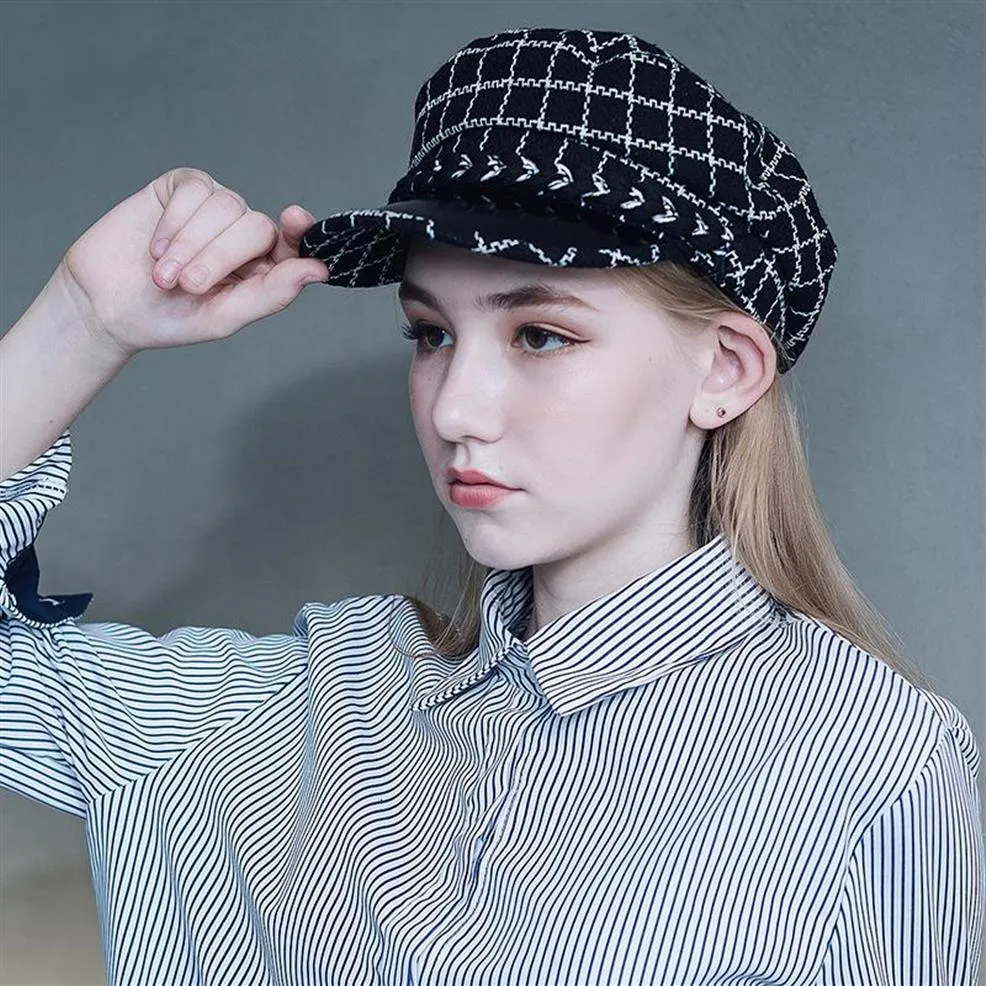 Nieuwe mode marine pet vrouwen casual streetwear cap elegant plaid herfst winter warme baret hoed vrouwelijk flat2691