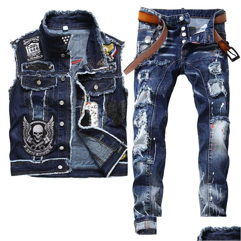 Men'S Tracksuits Autumn Blue Mens Denim Two Piece Set Casual Embroidery Skl Vest And Ragged Paint Stretch Jeans 2Pcs Sets Conjuntos Dhzd0