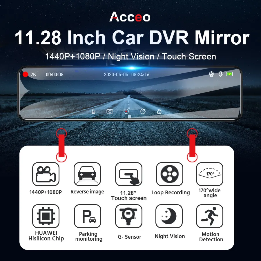 2K Dashcam 11,28 дюйма потоковой среды Media Media View Mircor 1440p FHD CAR DVR CARAM