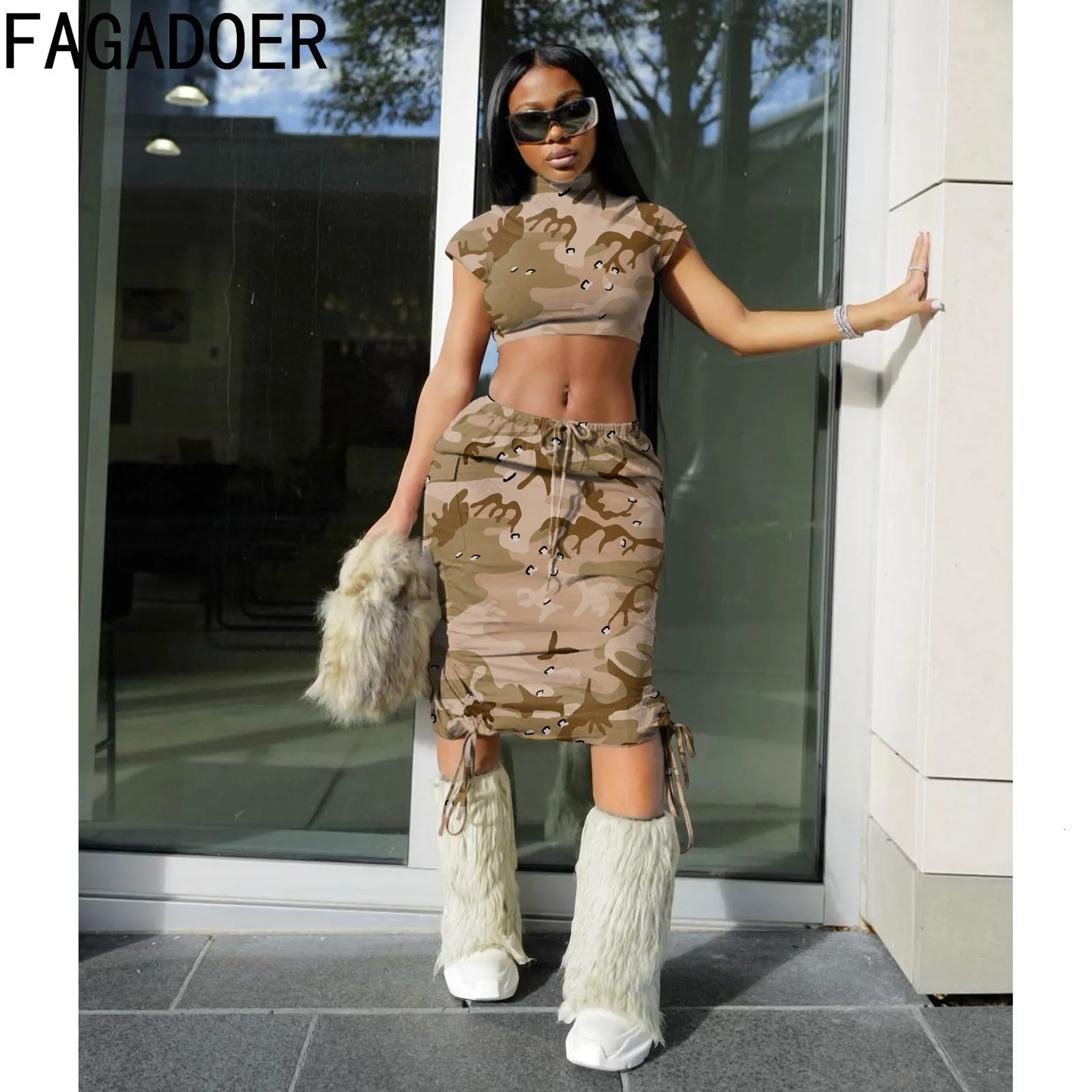 Dwuczęściowa sukienka Fagadoer Spring Kamuflage Kobiety streetwear Turtleeck Shorts Crop Top i chude spódnice swobodne dopasowanie 2pcs stroje 230512