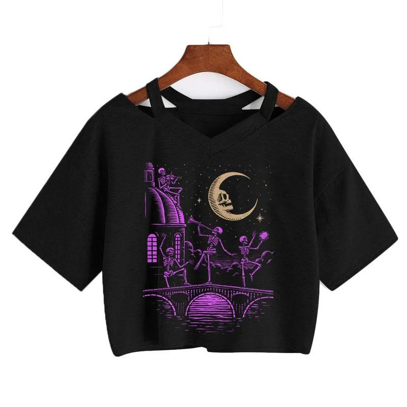 Camiseta con patrón de calavera de baile para mujer, Tops cortos de manga corta, camisetas góticas, camiseta Punk Grunge, Top Sexy Harajuku Y2k 2021