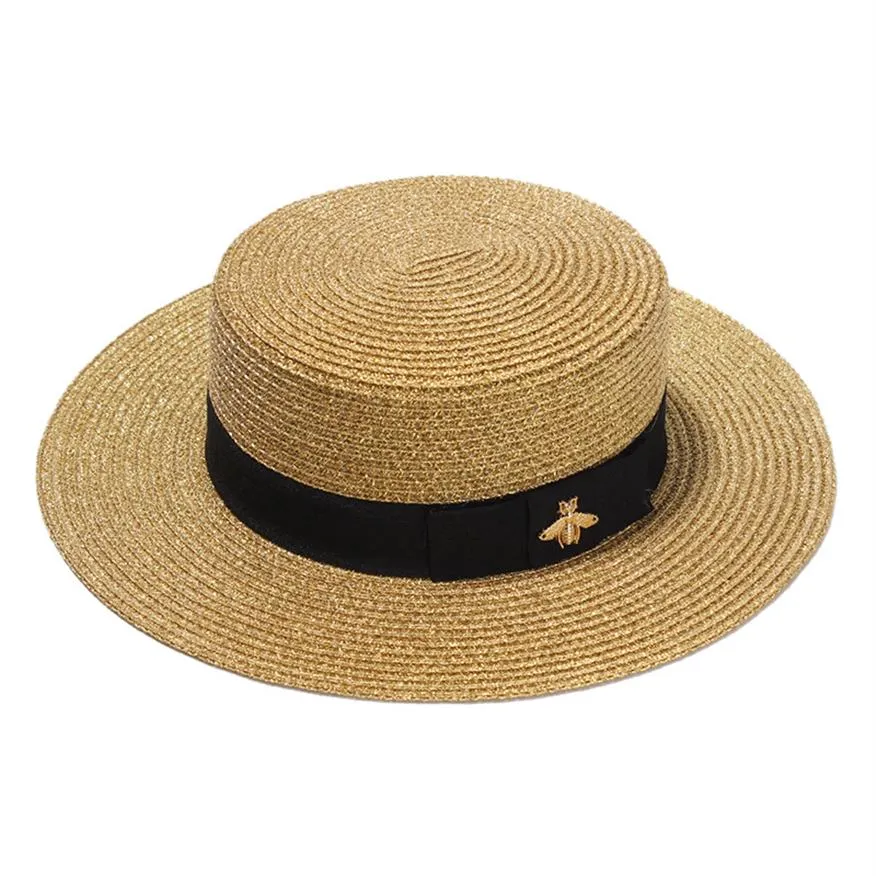 Fashion-Woven Wide-brimmed Hat Gold Metal Bee Fashion Wide Straw Cap Parent-child Flat-top Visor Woven Straw Hat2762