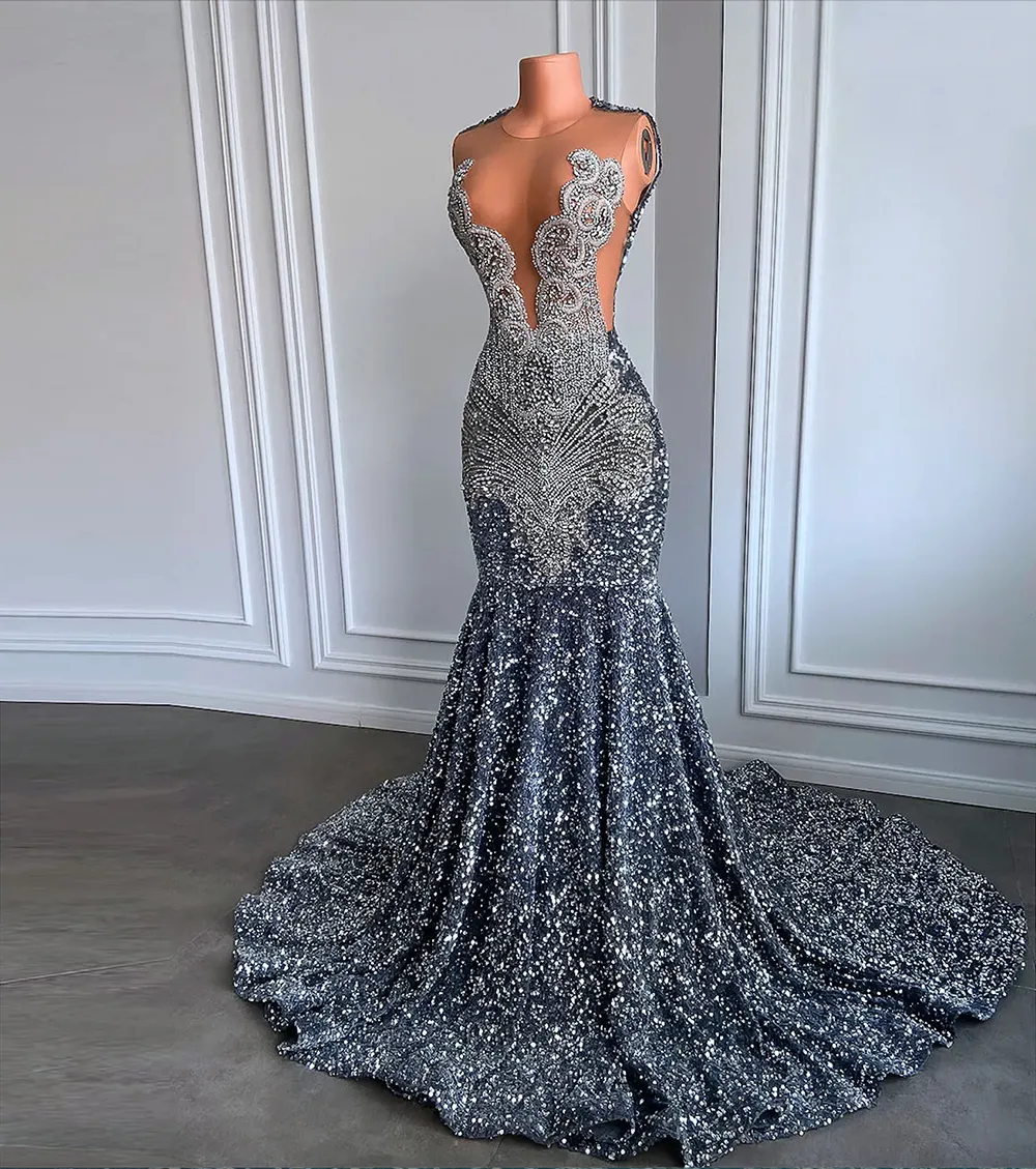 New Sparkly Silver Mermaid Prom Dresses Sheer O-Neck Beads Crystal Diamond Sequined Graduation Party Gowns Evening Gown Sexy Robe