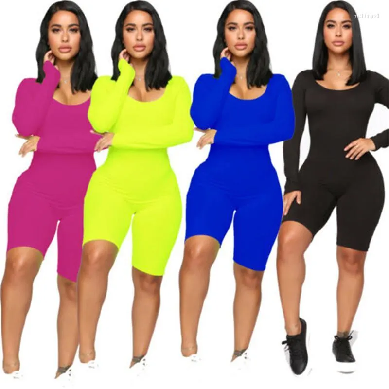 Kvinnors jumpsuits rompers kvinnor sexig mode långärmad bodycon bodysuit hösten casual party jumpsuit club shorts solid