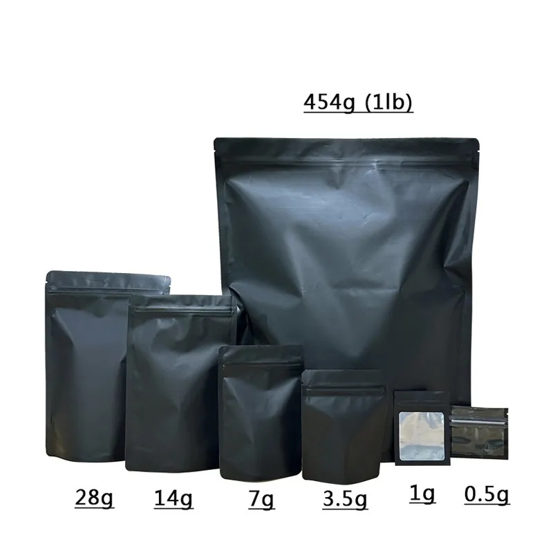 3.5g 7g 28g 1lb mat Siyah yeniden kapatılabilir mylar torbalar Plastik torbalar Fermuar kilitli kilidi kokusu kokusu geçirmez ambalaj çantası siyah depolama paketi ambalaj çantaları