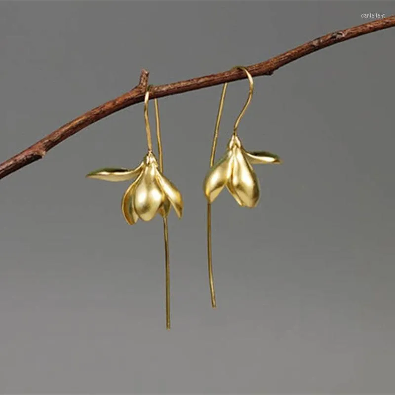 Dangle Earrings Fashion Golden Metal Magnolia Flower Chic Jewelry Lotus Petals Long Hook For Women Accessories