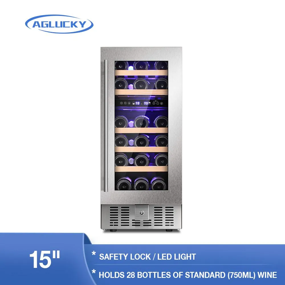 Kylskåp Aglucky Wine Cooler 28 Bottle Dual Zone Buildin Wine Cellar med rostfritt stål Doublelayer Tempererad glasdoortemperatur