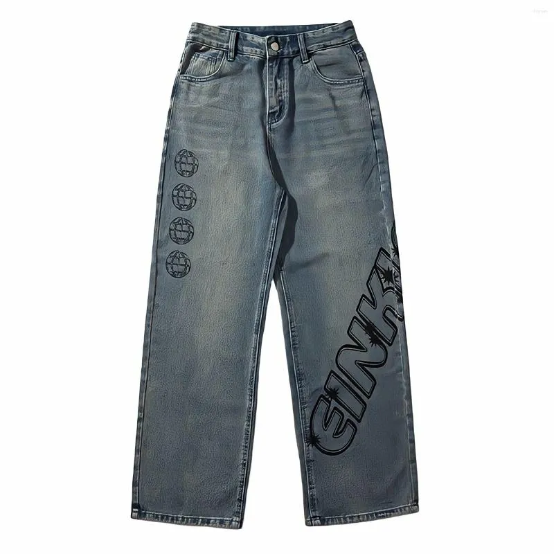 Heren jeans Amerikaanse streetwear grunge y2k hiphop denim broek letter print appliques baggy bruin voor mannen rechte been blauwe broek