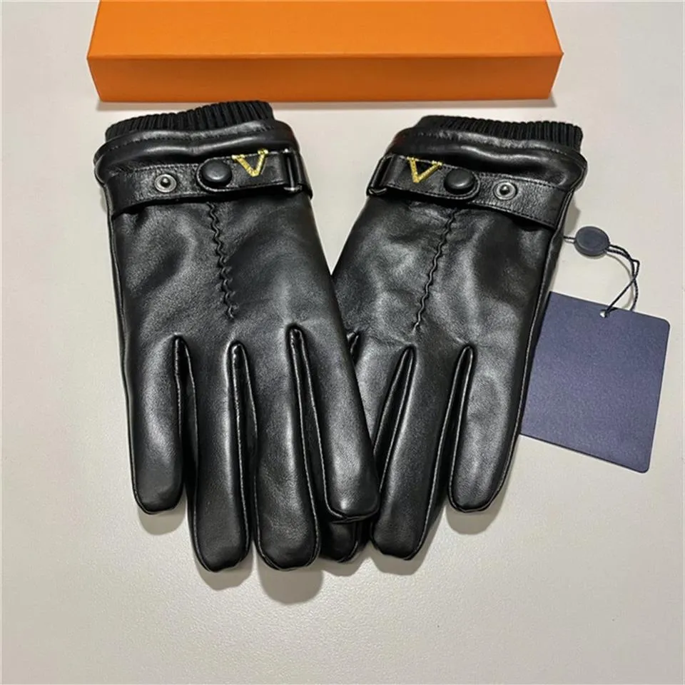 À la mode hiver gants en cuir marque lettres en peau de mouton hommes mitaines plus velours mitaines chaudes écran tactile gants en plein air cyclisme Drivi298g