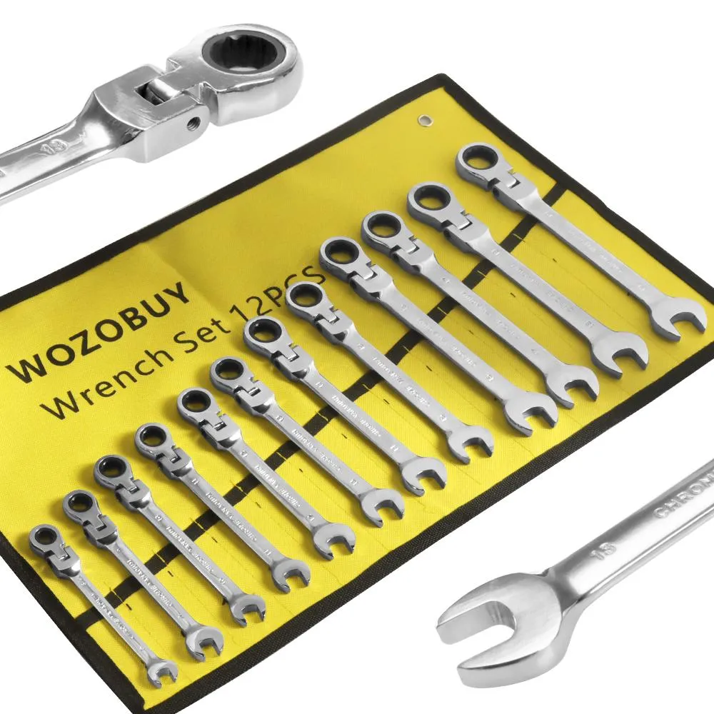 Moersleutel Wozobuy Flex Head Ratcheting -Schraubenschlüssel Set metrische Ratschenkombinationsschlüssel CRV Gear Spanner Set Autoschlüsselschlüsselreparaturwerkzeug -Werkzeug -Set