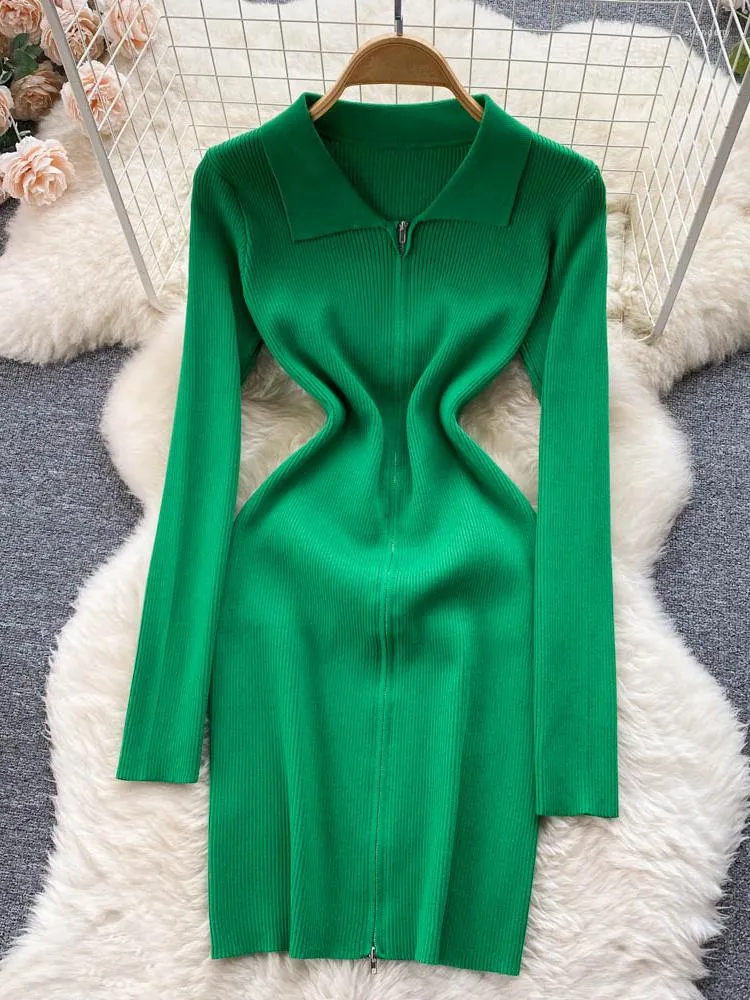 Casual Dresses Women Knitted Pencil Dress Korean Long Sleeve Zipper Elastic Slim Autumn Winter Sexy Bodycon Warm Sweater