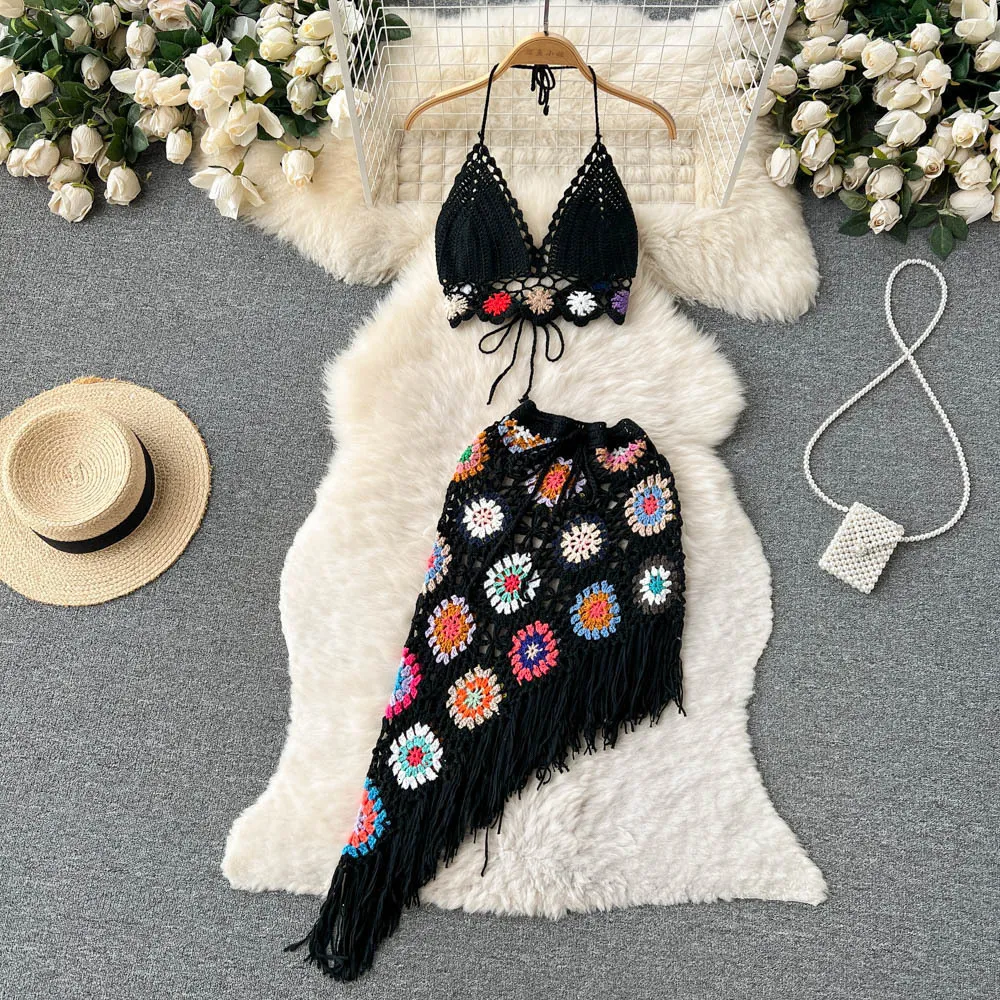 Women s 2 Piece Tassel Bikini Set Hand Crochet Knitted Summer Bathing Suit Spaghetti Strap Bikini Top with Hip Skirt 2024 Collection
