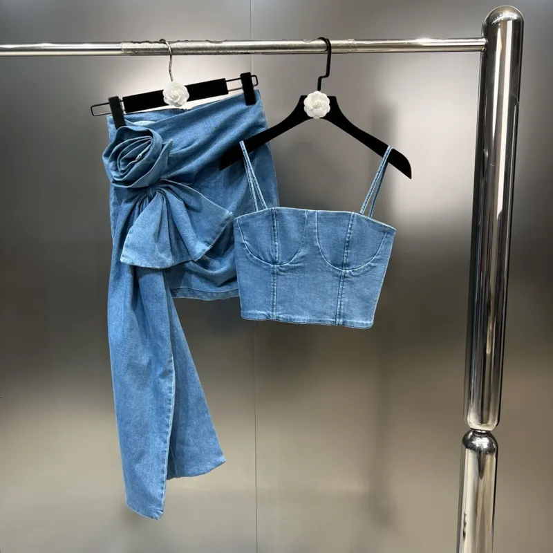 PREPOMP Two Piece Dress Set Blue Denim Slim Bodycon Sleeveless Camis Crop  Top & Petal Applique Half Skirt For Women Y2K Summer Style GH900 From  Linmei0004, $61.04 | DHgate.Com