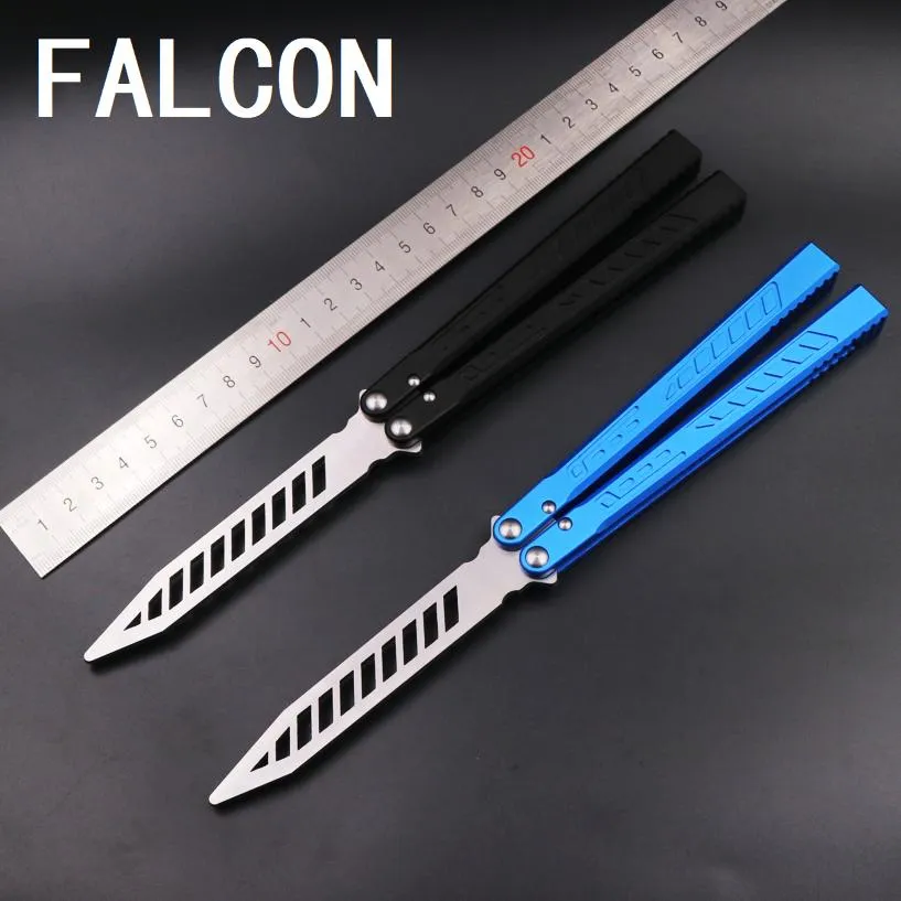 Messen theone Falcon Balisong Butterflyknife Flipper Trainer D2 Blade 6061 Aviation Aviation Hand Bashings System Safe EDC Outdoor