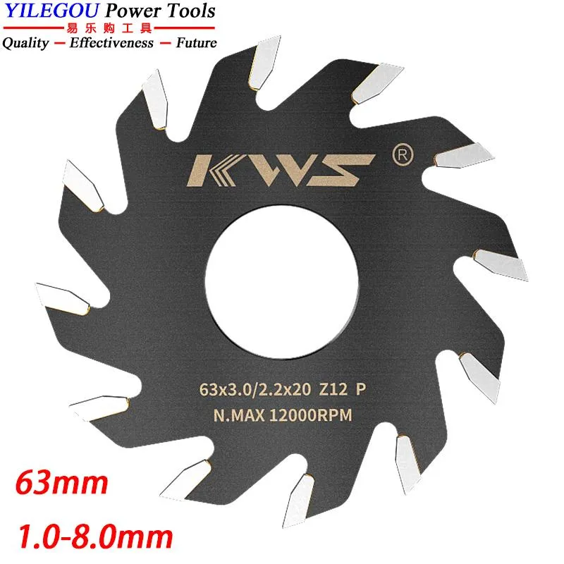 Peças Fresa de 2,5" com mandril. Lâminas de serra para ranhura TCT de 63 mm. Lâminas de serra para ranhura 63x20mmx12T com haste de 1/2".Espessura 16mm