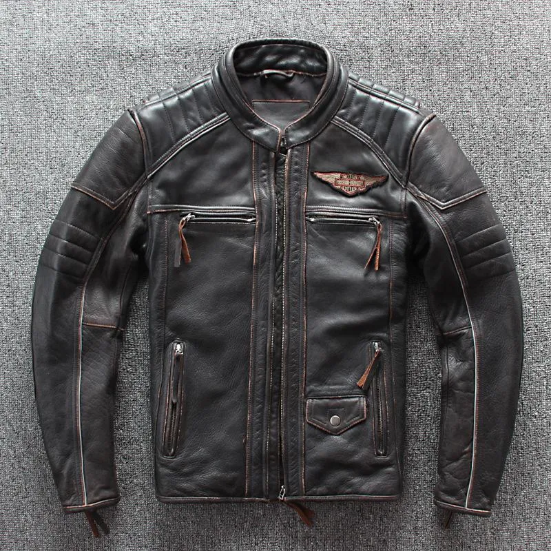 Men's Leather & Faux Genuine Jacket Men Luxury Bomber Moto Biker Fashion Vintage Tough Guy Top Gun Cowhide Coats Mens Sale