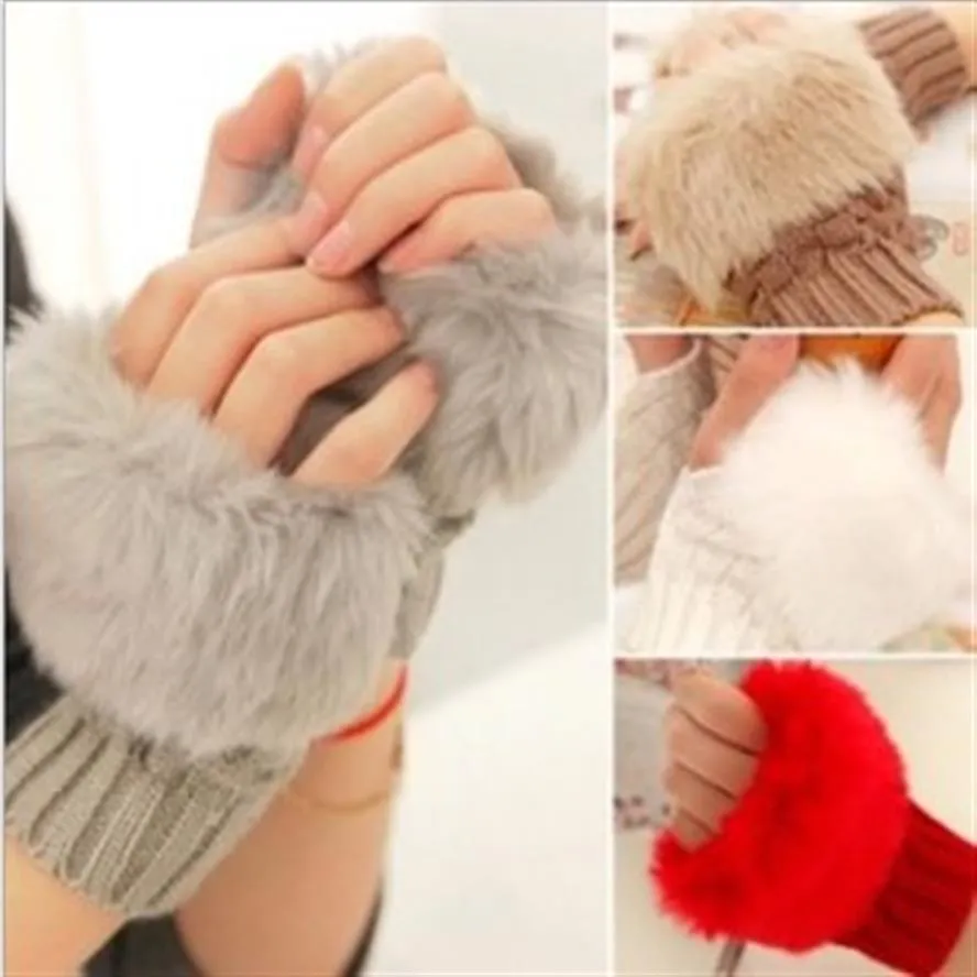 Winter Knitted Faux Rabbit Fur Wool Fingerless Gloves For Women