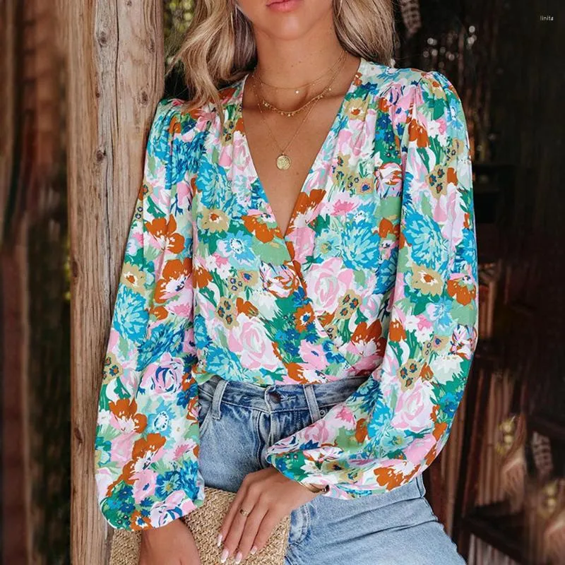 Frauen Blusen 2023 Sommer frauen Vintage Floral Print Tiefem V-ausschnitt Laterne Hülse Lange Lose Beiläufige Hemd Bluse Camisas de Mujer