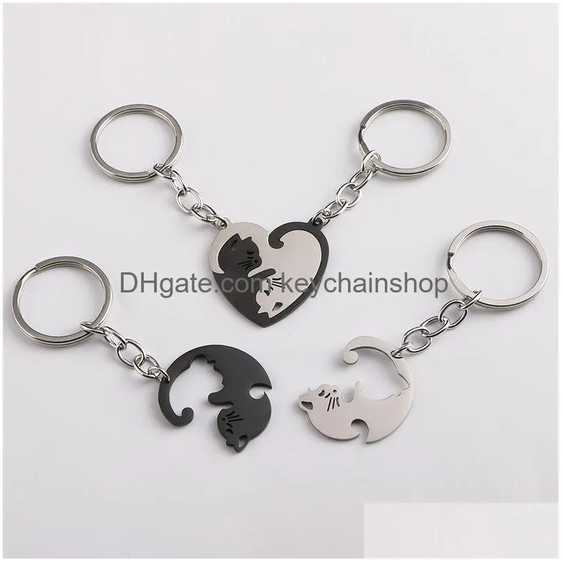 Portachiavi Love Cat Catena Coppia Anello Bomboniera Acciaio inossidabile Portachiavi anti smarrimento Borsa Accessori appesi Ciondolo Regalo creativo Goccia Del Dhm5D