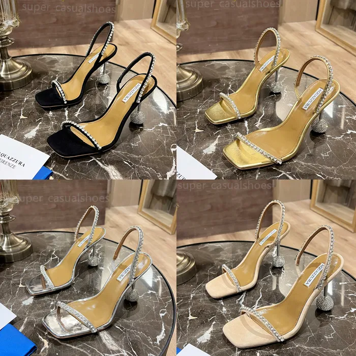 مصممي أحذية Aquazzura High Heels Womens Womens Women 8.5cm Heels Crysta Buckle Party Wedding Dress Shoes Heel Sexy Back Strap Sandal 35-42