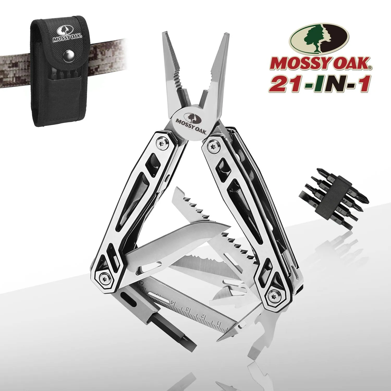 Tang MOSSY OAK 21-in-1-Multifunktionszange, tragbares Taschenmesser aus Edelstahl mit Scheide für Outdoor-Survival-Camping