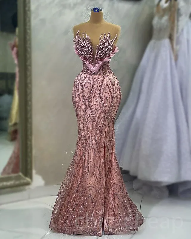 Aso Ebi 2023 arabe rose sirène robe de bal perles paillettes dentelle soirée formelle fête deuxième réception anniversaire robes de fiançailles robes Robe de soirée SH028