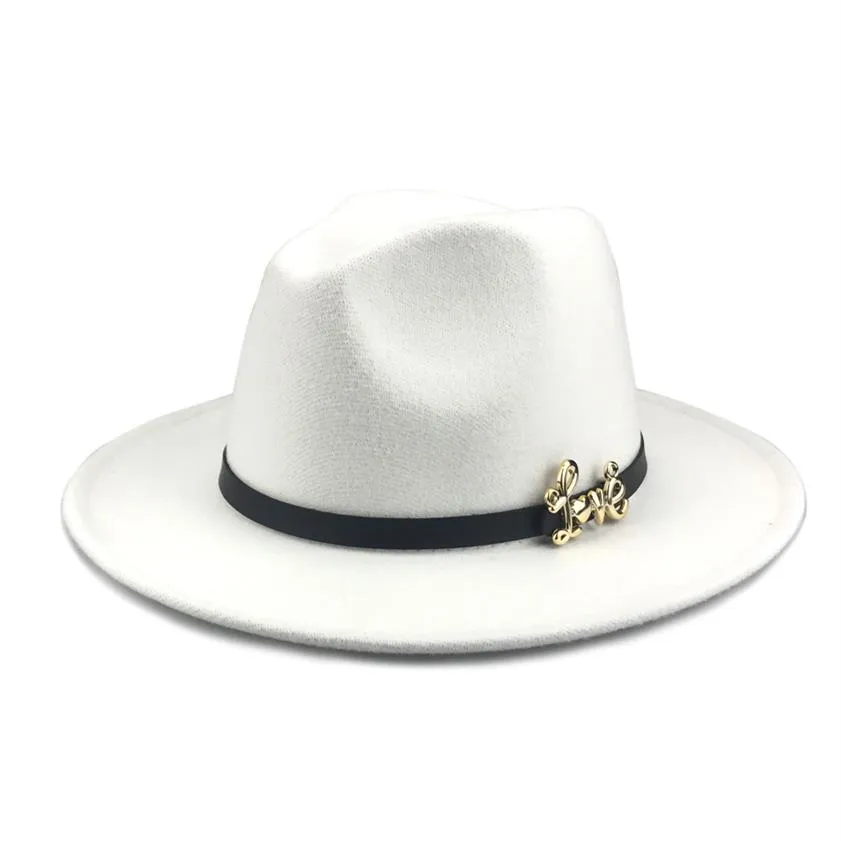 Metal Love Belt Dekoracja sztuczna wełna Fedora Hats Kobiety poczuć vintage jazzowy trójka Trilby Hat Ladies Wide Brim Panama Bowler Cap233a