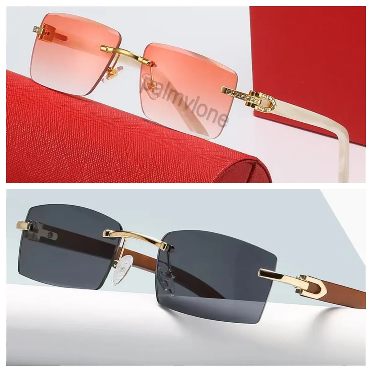Designer solglasögon Rimless Diamond Cut Eyeglass Buffalo Horn Wood Frame Brown Lens Fashion Ins Net Red Samma män och kvinnor vintage grossist med Box Carti 23SS-1