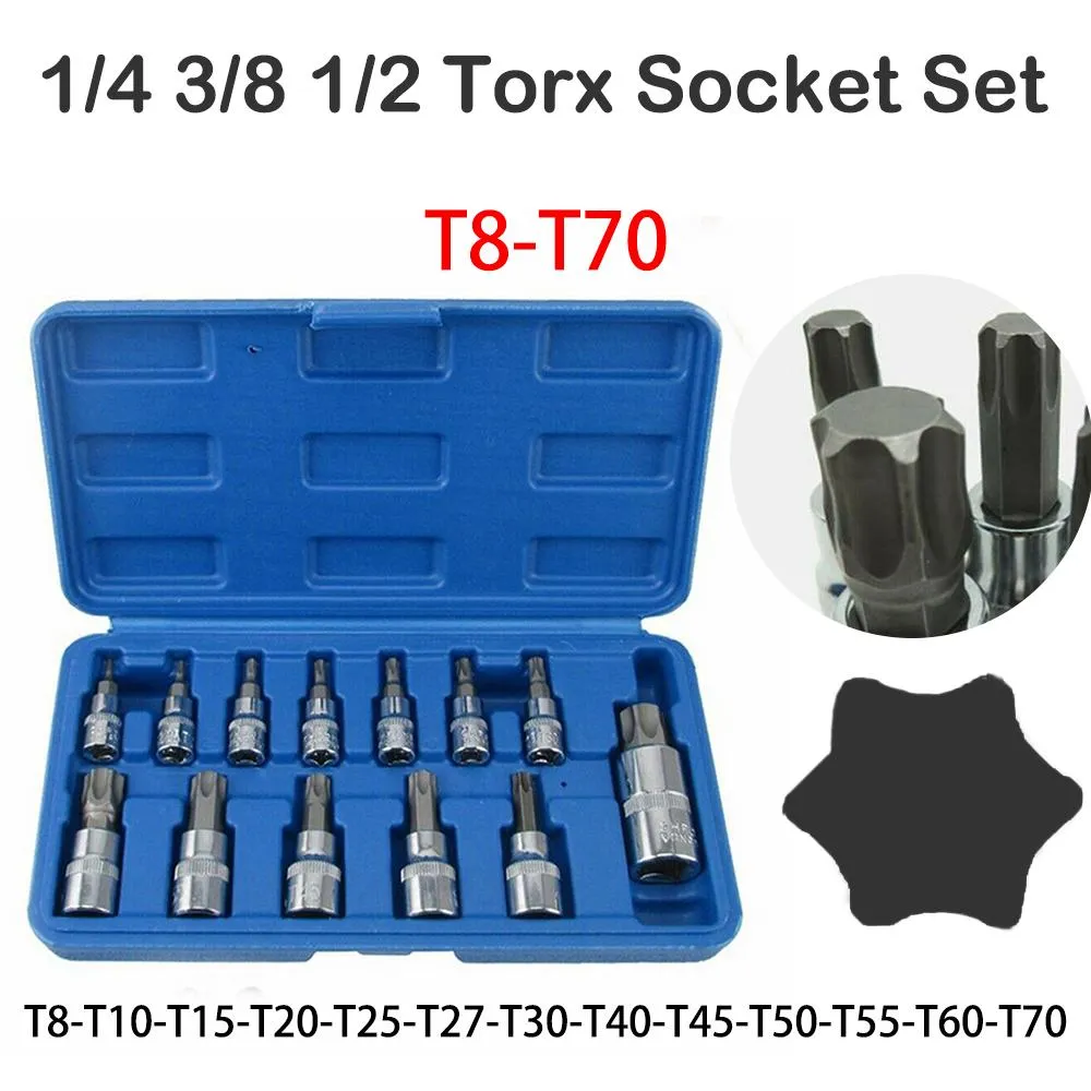 Contactdozen 13-teiliger Torx-Schlag-Steckschlüsselsatz T8T70, pneumatischer Schraubenschlüsselkopf, Universal-Torx-Schraubendreher-Set, Stern-Sechskant, mechanisches Werkstattwerkzeug