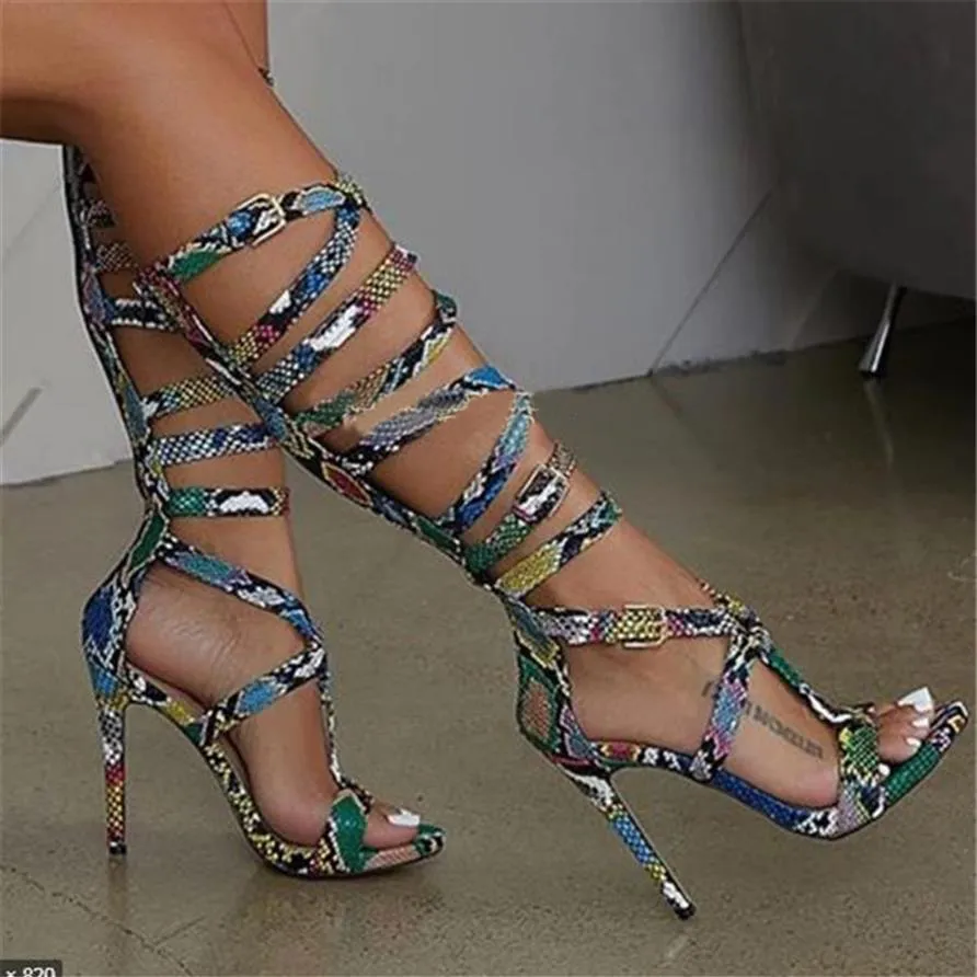 Women Western Fashion Open Toe Snake Leather Shiletto Heel Knee High Gladiator Boots Blue Printed Long High Heel Sandal Boots3102