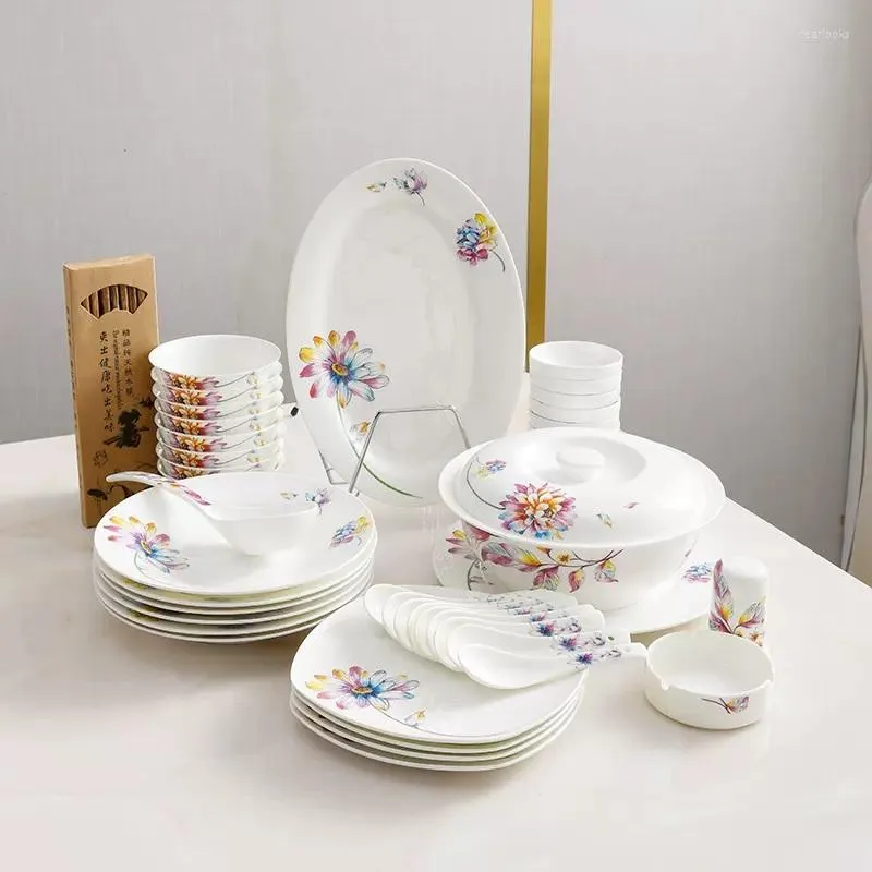 Conjuntos de utensílios de jantar 46 peça conjunto de ossos da china jantar floral pintura floral caixa de contêiner buffet pratos de porcelana decoração de casamento