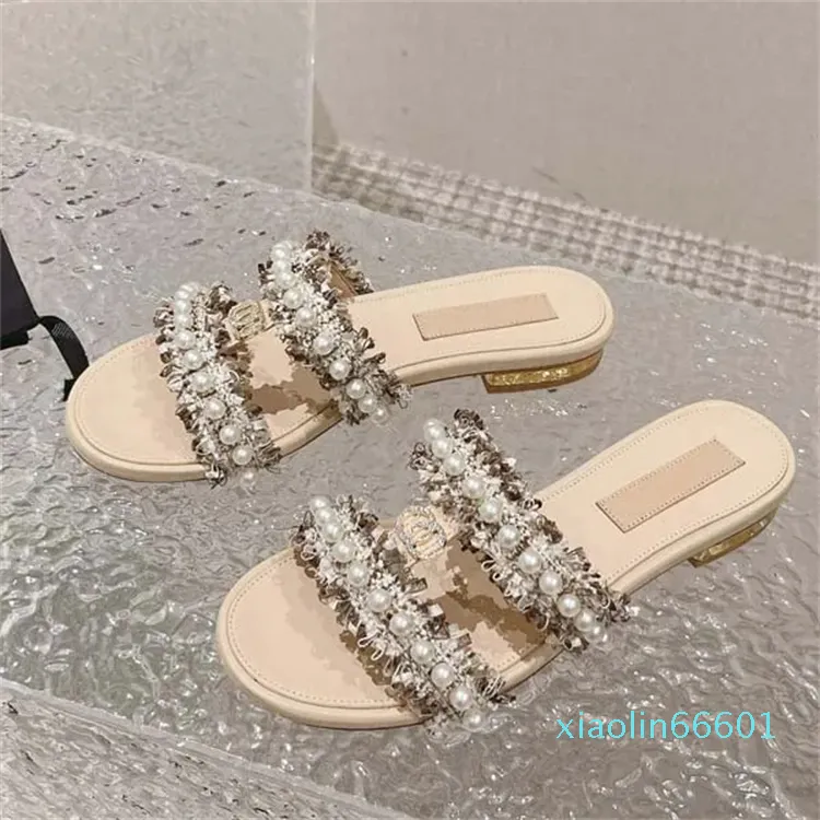 Designer femmes sandales femmes diapositives style cuir de veau mode plate-forme perle boucle chaussures décontractées été plage pantoufle 35-41