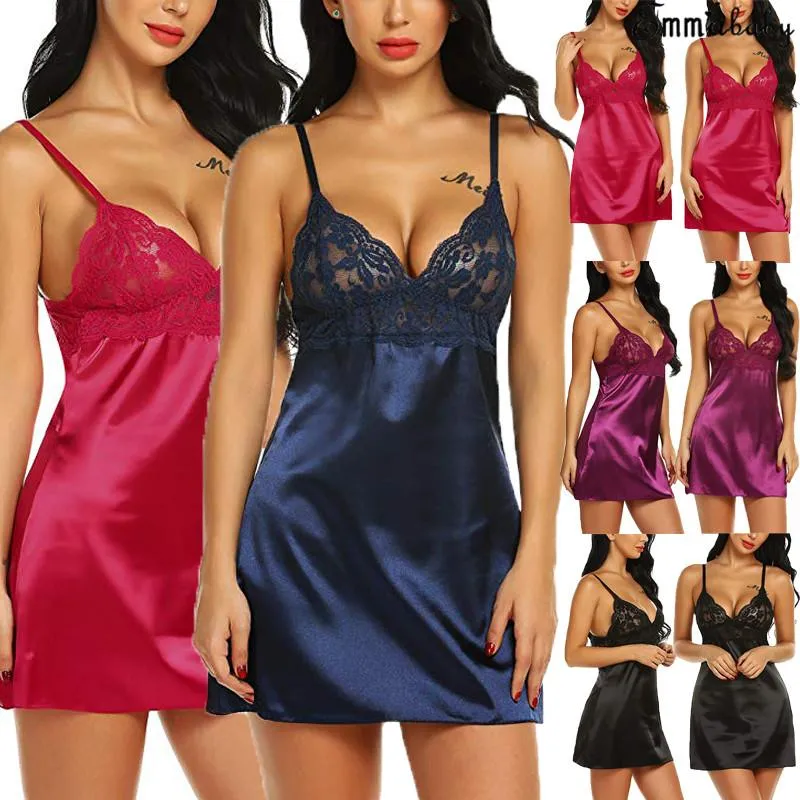 Cover-up Robe de nuit courte pour femmes, chemise de nuit en Satin de soie et dentelle, Lingerie, pyjama, vêtements de nuit, robe d'été, sous-vêtements sexy XL, 2021