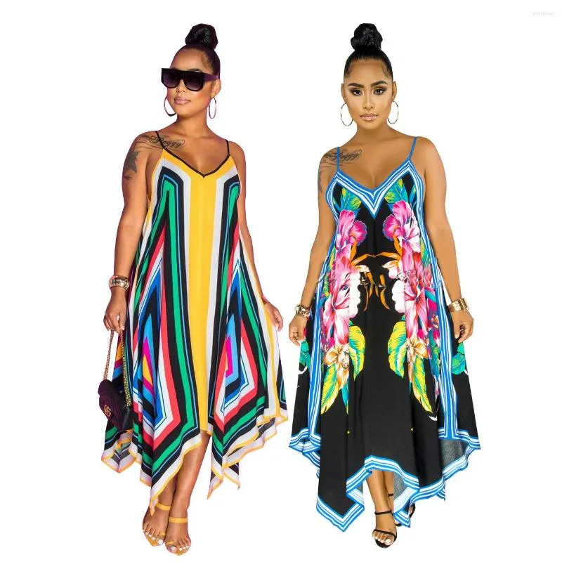 Casual Kleider Sommer Lange Frauen Kleid V-ausschnitt Positionierung Druck Sommerkleid Tank A-linie Afrikanische Strand Vestidos Robe Femme