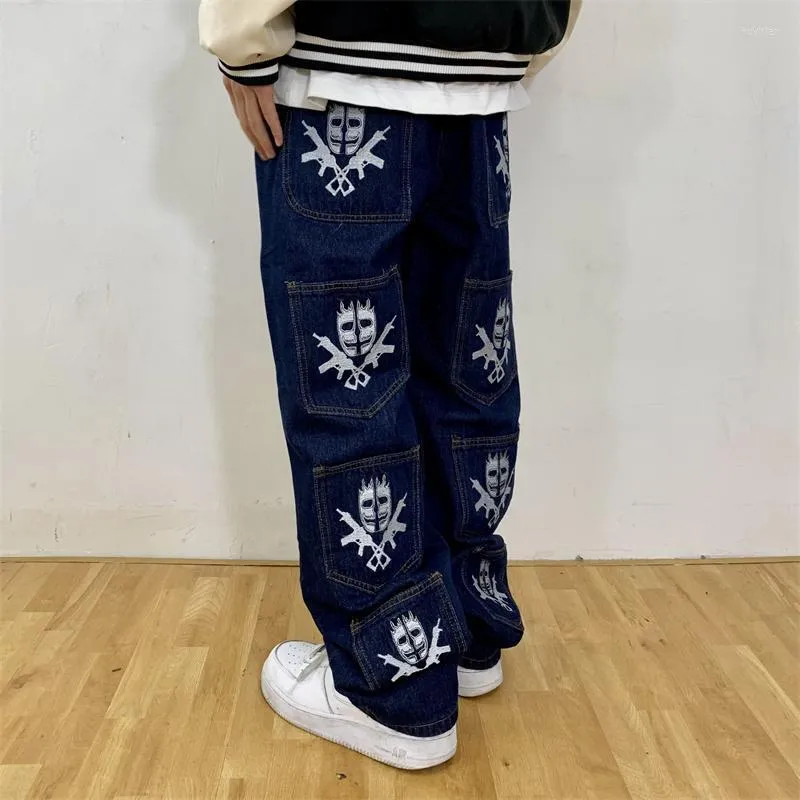Jeans da uomo Skeleton Pantaloni da uomo Pantaloni larghi ricamati Y2k Baggy Cargo Wide Straight Abbigliamento casual