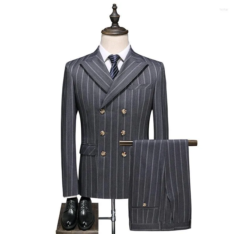 Men's Suits Gray High Quality Gentleman Striped Double-Breasted Suit Three-Piece Wedding Party Elegant Luxury