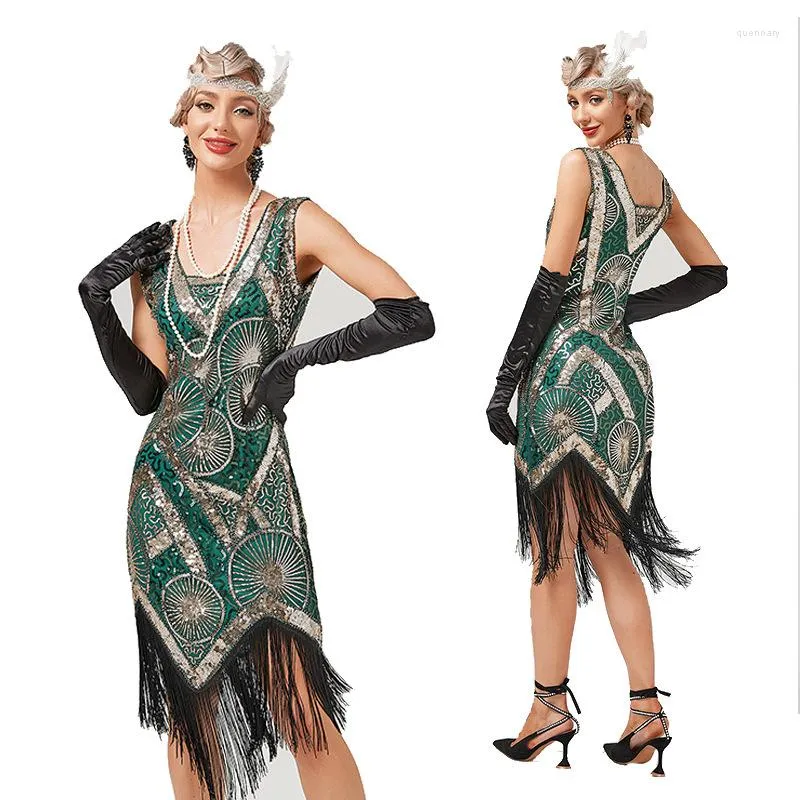 Robes décontractées mode femmes 1920 s robe à clapet Vintage col en v sans manches broderie Great Gatsby Sequin frange fête