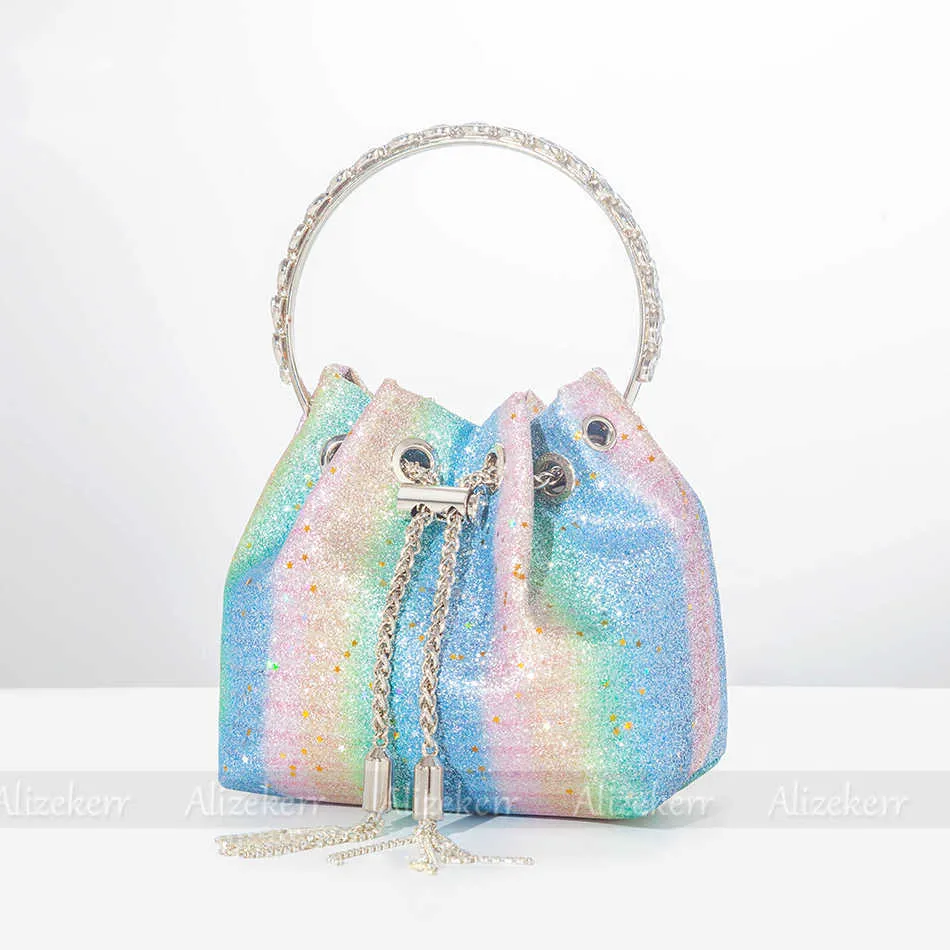 Totes Borsa a secchiello con nappa strass Borsa a tracolla in raso con manico ad anello in metallo nuovo di lusso Borsa a tracolla con paillettes colorate da donna Festa di nozze 230509