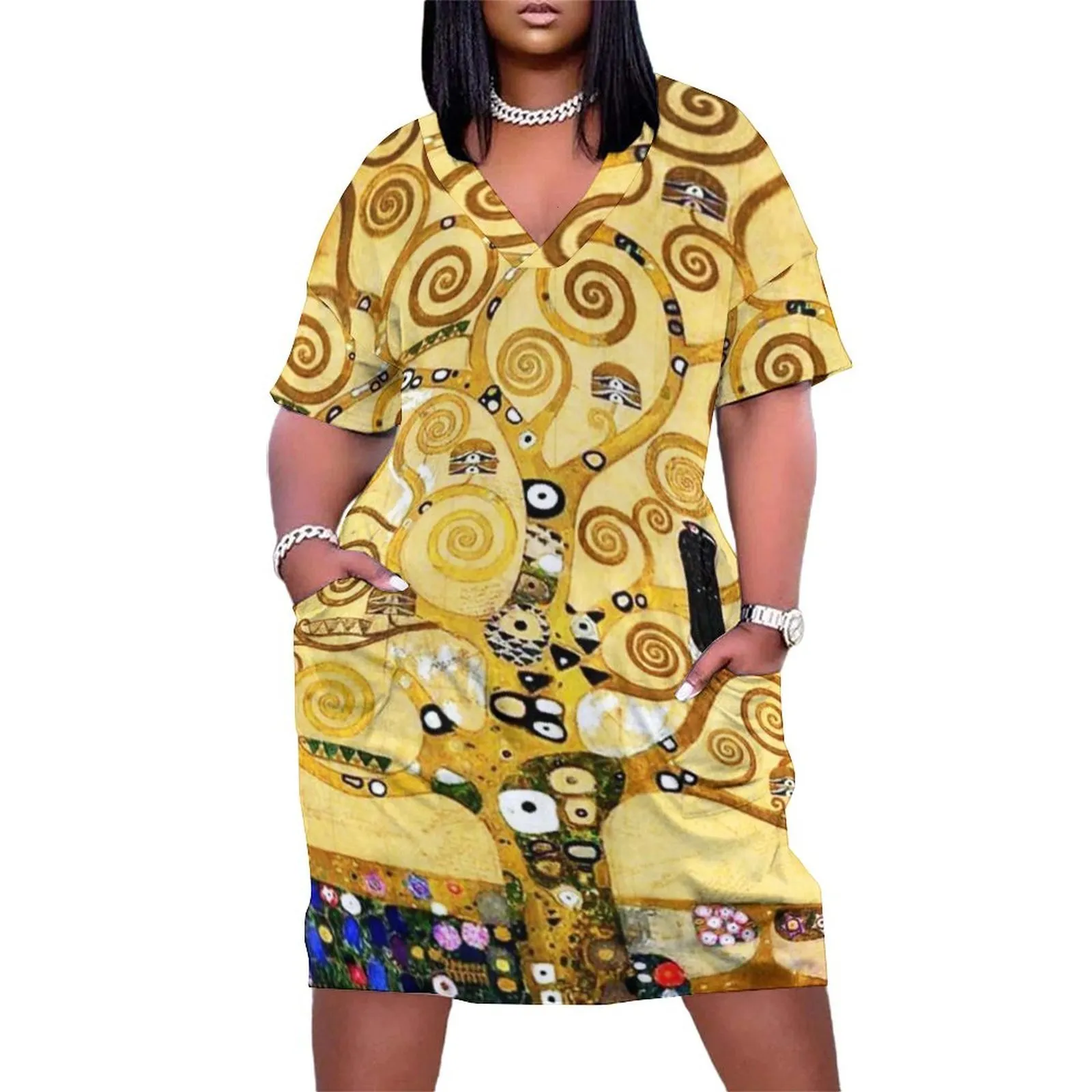 Платья плюс размеры Gustav Klimt Casual Dres Tree of Life Print Cute Summer v Seck Street Fashion Graphic Dress Размер 3xl 4xl 230512