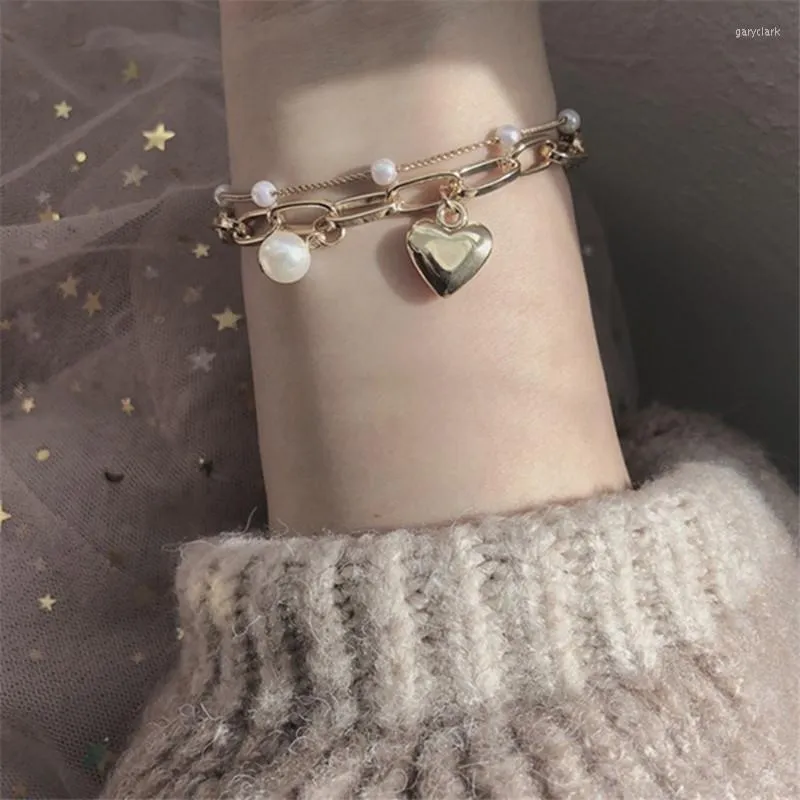 Link Armbänder Kette DIEZI Koreanischen Stil Nette Herz Charm Armband Sets Für Frauen Gold Silber Farbe Perle Schmuck Mädchen Geschenk